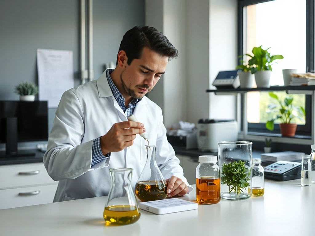 A scientist in a lab coat examining plant extracts in a modern laboratory setting, highlighting quality control.