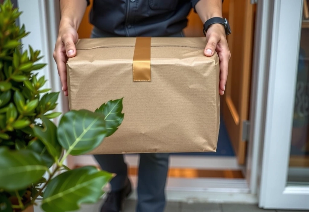 Eco-friendly package being delivered, with green leaves and sustainable materials visible.