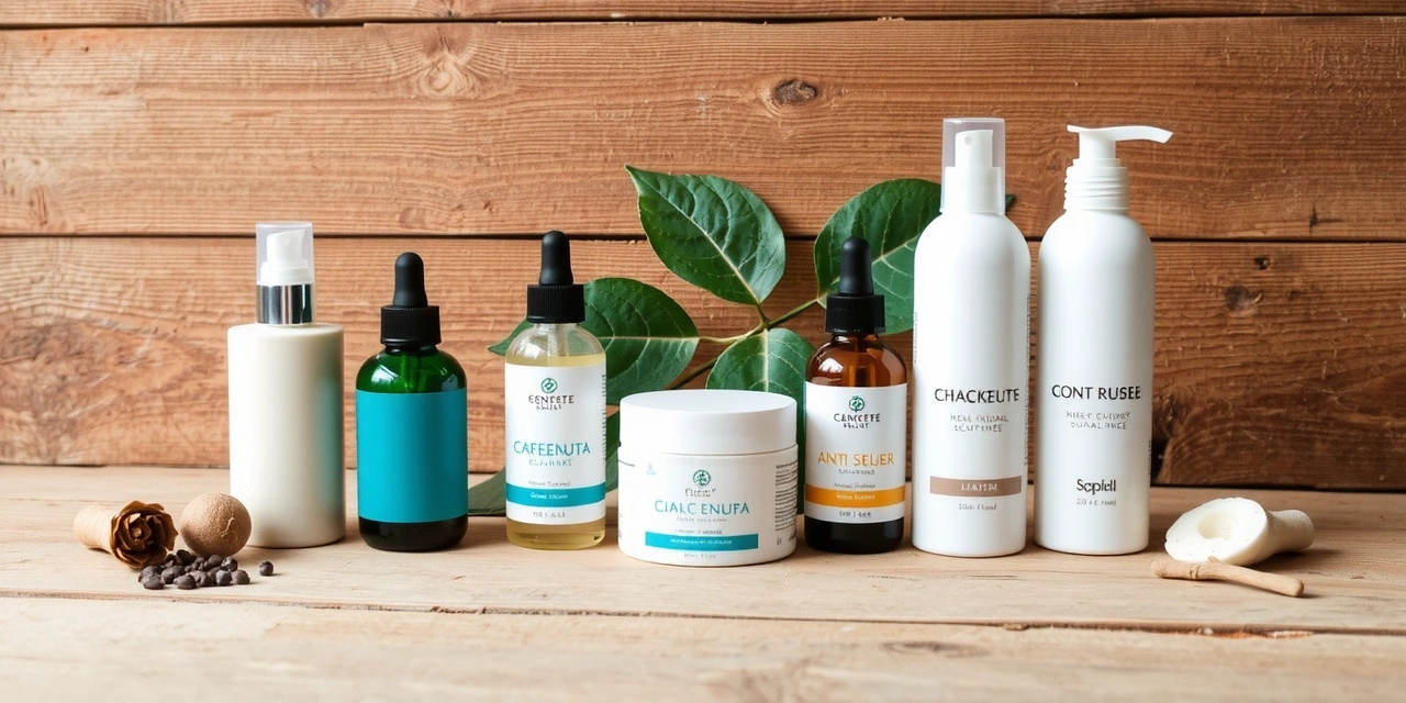 A collection of natural skincare products with botanical extracts on a wooden surface, highlighting beauty and nature.