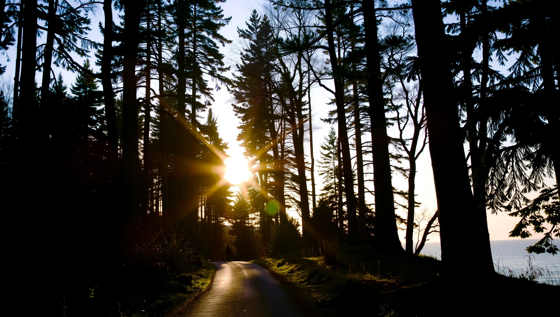 A serene forest path at dawn, bathed in soft, golden light, symbolizing natural living and new beginnings.