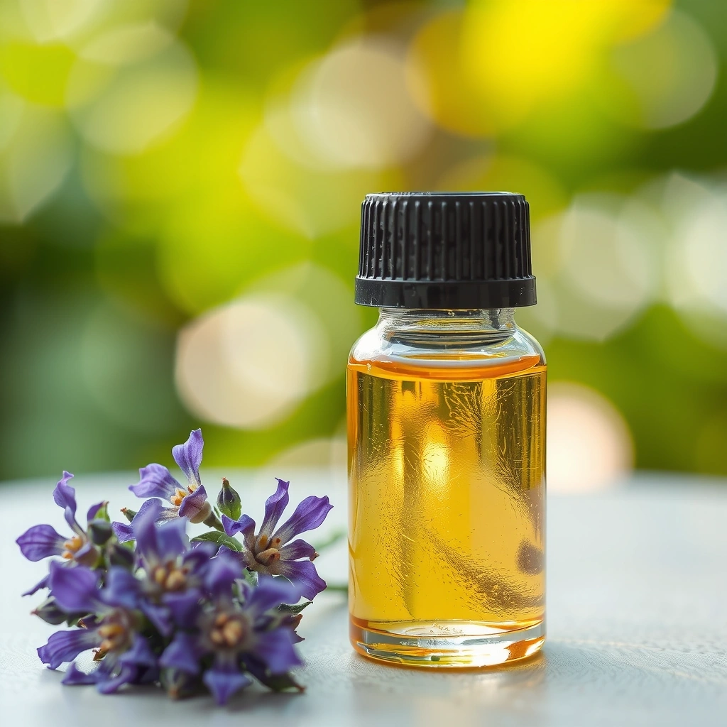 A glass bottle of natural essential oil with lavender flowers, signifying aromatherapy and relaxation.