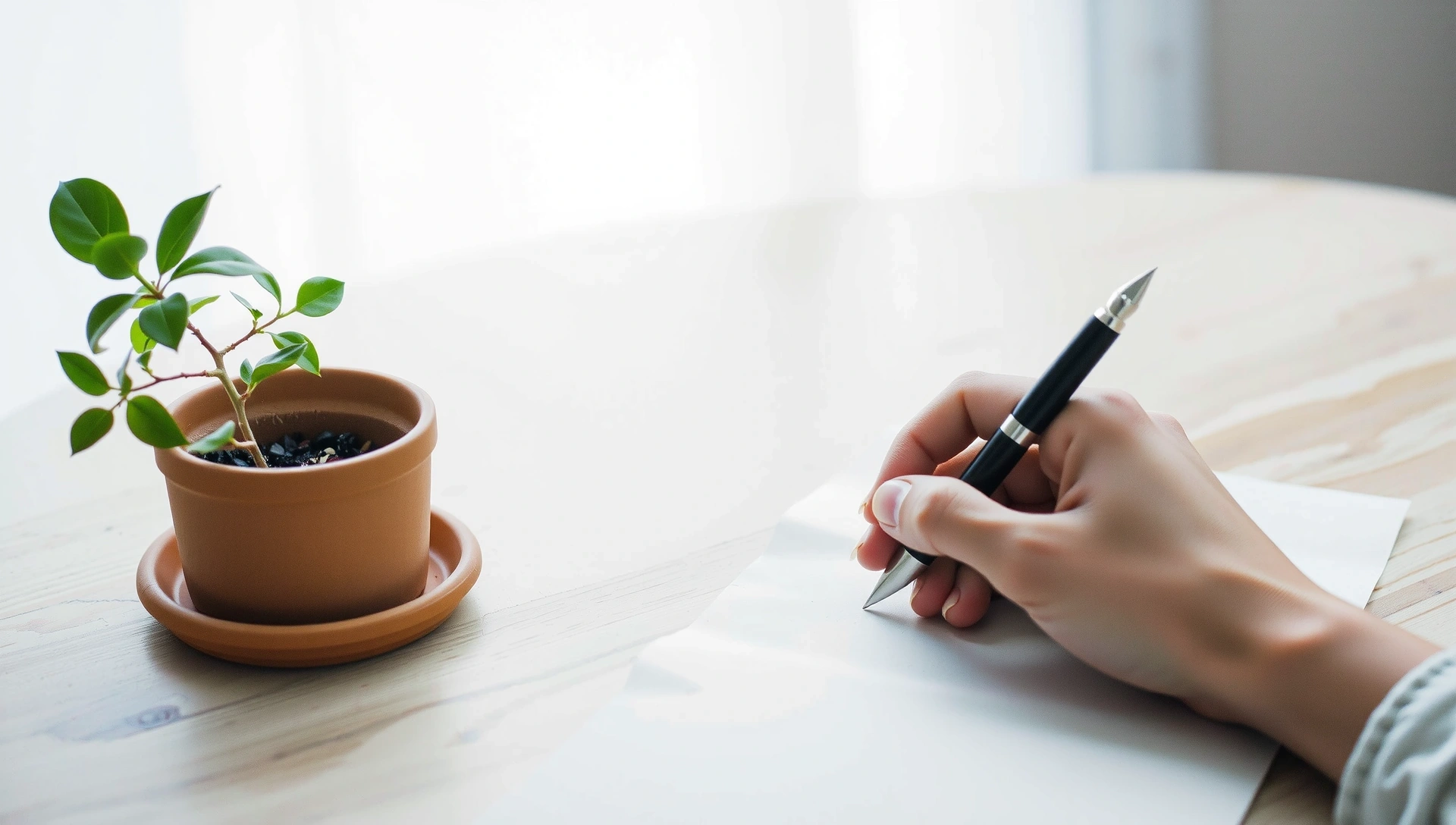 Minimalist natural workspace with soft lighting and a hand writing a letter