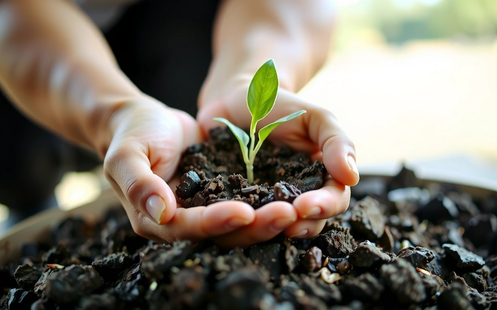 Hands gently holding a small plant sprouting from rich soil, symbolizing growth and natural care