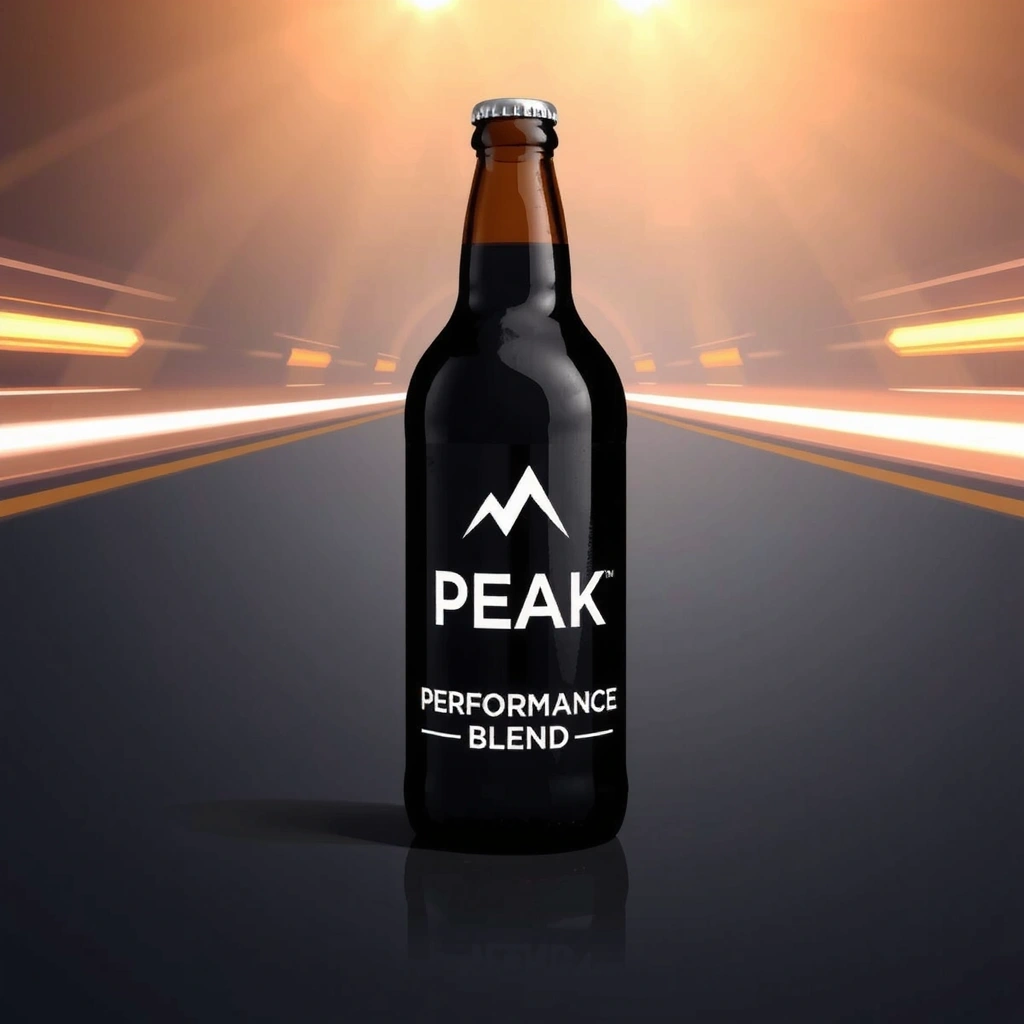 Elegant bottle of 'Peak Performance Blend' with a dynamic, energetic background