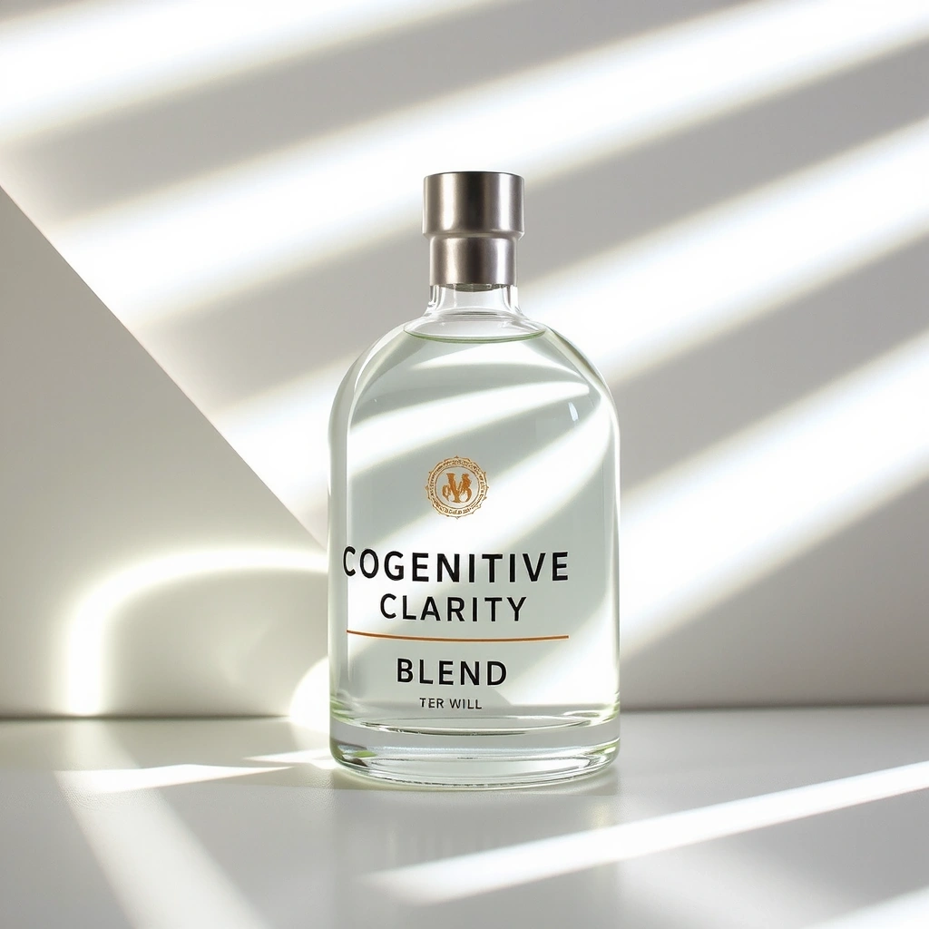Focus-oriented bottle of 'Cognitive Clarity Blend' with a sharp, clear background