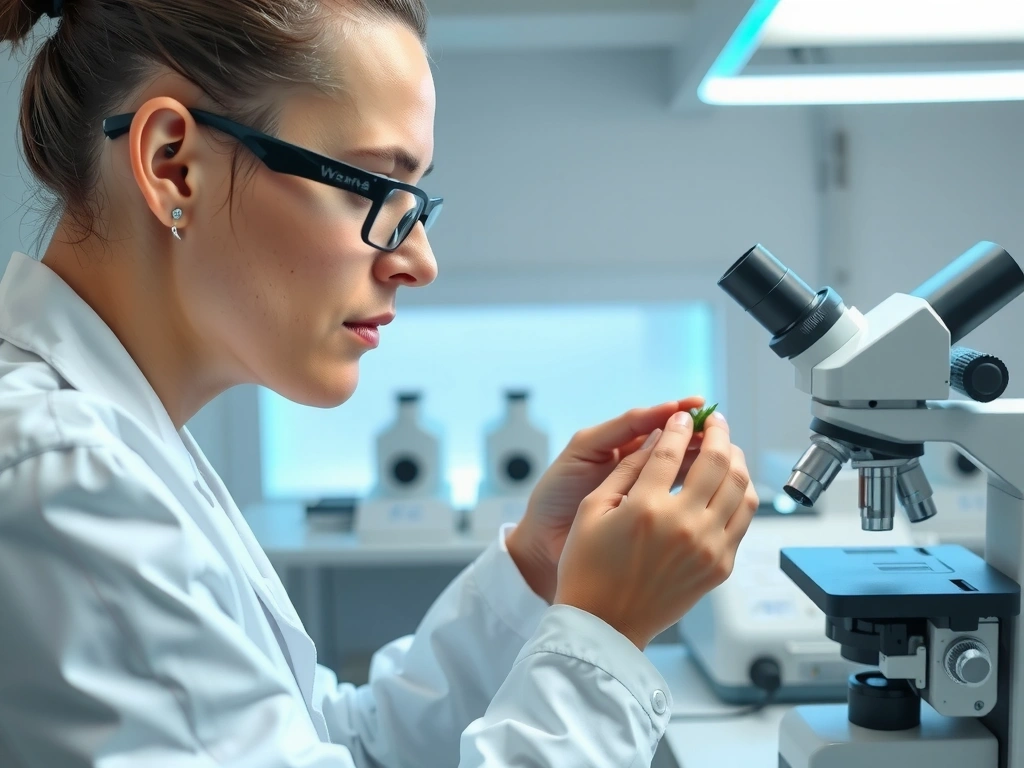 A scientist in a clean lab coat examining a botanical sample under a microscope with glowing blue light, symbolizing purity testing.
