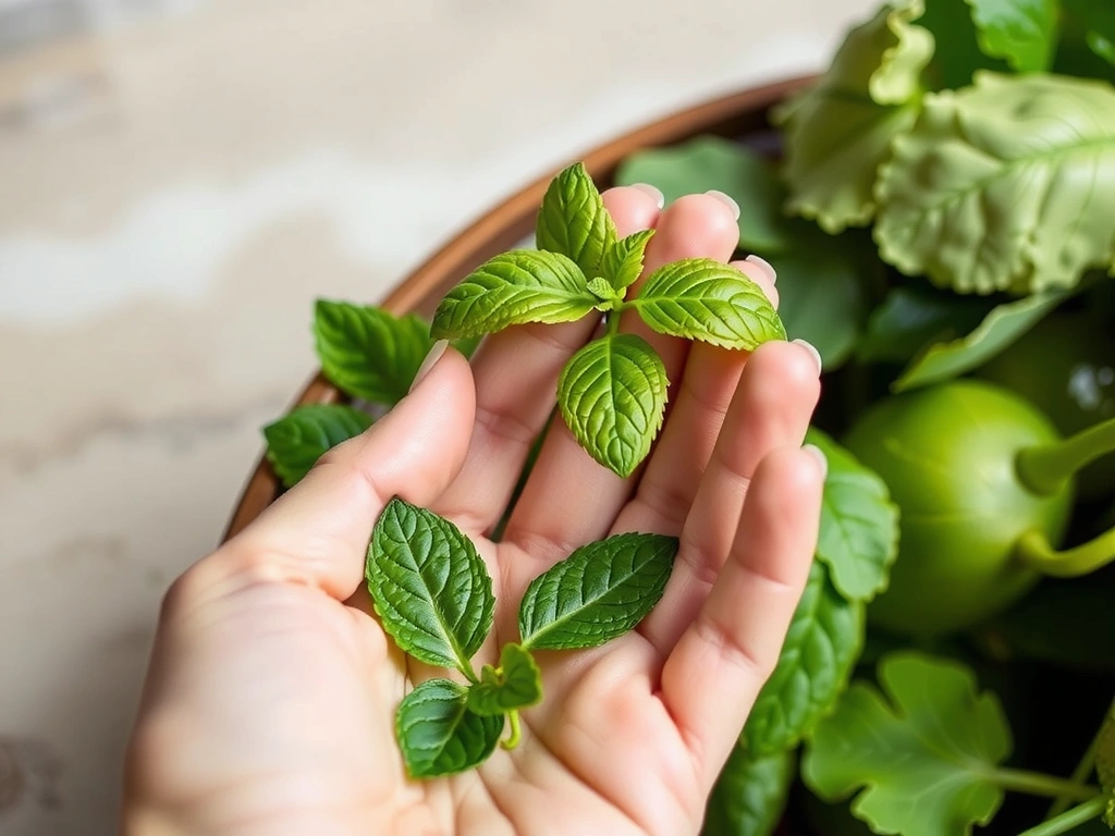 A close-up of a hand gently holding freshly picked vibrant green herbs, symbolizing ethical sourcing and natural purity.